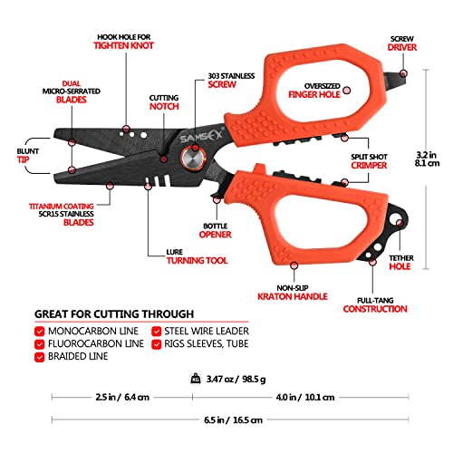 SAMSFX 6.5" Pro Fishing Shears Dual Serrated Blades, Fishing Braided Line Scissors with Titanium Coating, Non-Slip Grip & Multifunction Tool, Includes Hard Molded Locking Sheath & Coiled Lanyard - color: A: Orange Kraton Handle, Hard Sheath