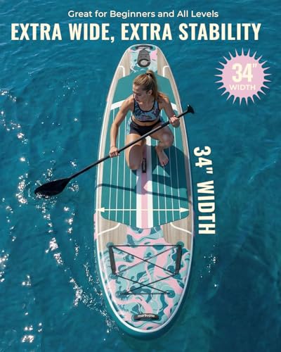 11ft Inflatable Stand Up Paddle Board, Wood Grain Ultra Lightweight SUP, 430lb Capacity for Adults Youth Family, for Fishing Surfing Camping, Includes Backpack & Pump - color: Pink Grained Grey Wood