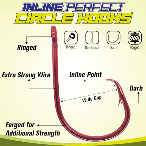 LURELINK-Inline-Circle-Hooks-Saltwater-for-Catfish-Bass-Octopus-Hooks-Fishing-Hook-Freshwater 50 Pack - color: Red, size: 8/0 50-Pack