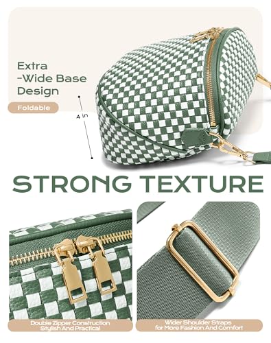 Trendy Woven Checkered Crossbody Bum Bag for Women，PU Leather Checkered Purse Fanny Packs Belt Bag (Woven Bum Bag - Bean Green White) - color: Woven Bum Bag - Bean Green White
