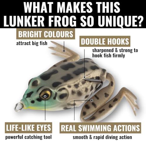 Lunkerhunt - Lunker Frog Fishing Lure | Award Winning Realistic Topwater Frog Lure for Fishing Bass, Trout and Pike | Freshwater Fish Bait with Hollow Body, Weedless Hooks for Freshwater Saltwater - color: Rocky Toad