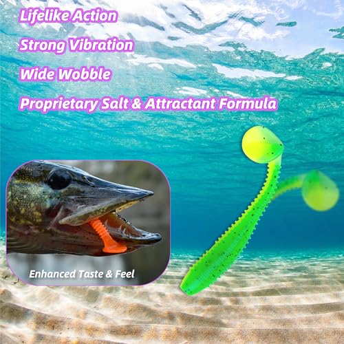 Soft Plastic Paddle Tail Swimbaits Pack of 15 – 3" Soft Plastic Fishing Lures with Extra-Large Tail for Lifelike Swimming Action – Freshwater & Saltwater - color: Yellow-white