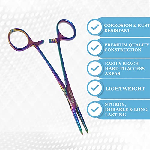 Mosquito Hemostat Locking Forceps 5" Straight with Full Serrated Jaws Ideal for Clamping, Fishing, Firefighters Nurses Doctors + More (Multi Color) - color: Multi Color
