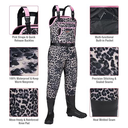 HISEA Womens Chest Waders, 4.5mm Neoprene Leopard Hunting Wader for Women with Insulated Boots, Waterproof Fishing Waders - color: Arabian Leopard, size: 9
