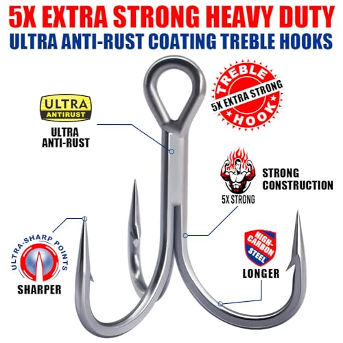 Fishing-Treble-Hooks-5X-Extra-Strong-Heavy-Duty Ultra Anti-Rust Bulk Hooks for Saltwater and Freshwater Fishing Sizes 5/0 to #8 - size: Size:4 24-Pack