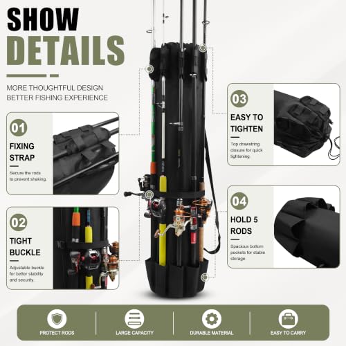 AGOOL Fishing Pole Bag with Rod Holder Fishing Rod Bag, 5 Rod & Reel Organizer Bag Waterproof Large Capacity Fishing Tackle Storage Bag Travel Carry Case Fishing Gifts for Men - color: Black