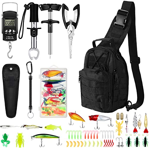 Sosation 134 Pcs Fishing Tool Fishing Tackle Box Kit and Equipment for Adults Beginner Gift, Hook Remover, Pliers Kit, Backpack Tackle Container Lures, Lip Gripper, Weigh Scale - color: Black