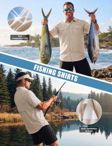 WULFUL Men's Sun Protection Fishing Shirts UPF 50+ Lightweight Quick Dry Cooling Short Sleeve Shirts for Work Hiking Safari - color: Khaki, size: Small