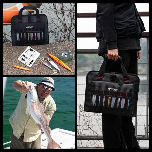 Goture Fishing Jig Bag,34 Mesh Pockets Portable Water-Resistant 600D PU Fishinig Lure Bag Saltwater Freshwater,Detachable Compartment, Suitable For Vertical Jig Slow Pitch Jigging Bait Tackle Storage - color: C:14.96"x11.81"