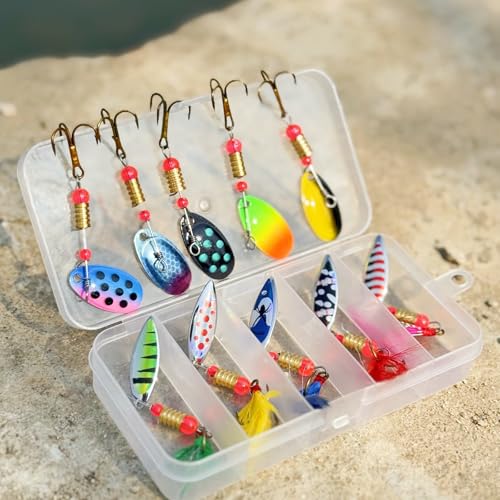 10 Pcs Inline Spinner Fishing Lures Kit, Hard Metal Spinnerbaits with Box | Realistic Rooster Tail Style Baits Freshwater Gear Set for Trout Bass Salmon Walleye Crappie Fishing Tackle Accessories