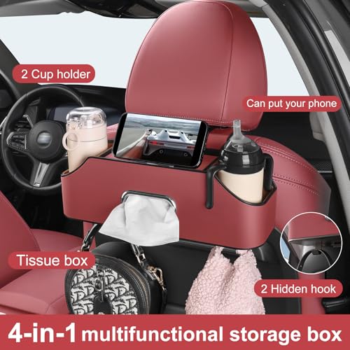 Car Rear Backseat Extra Multifunctional Drink Cup Holder Organizers With Tissue Storage Box Organizer & Hooks For Car Seat Back. Red - color: Red