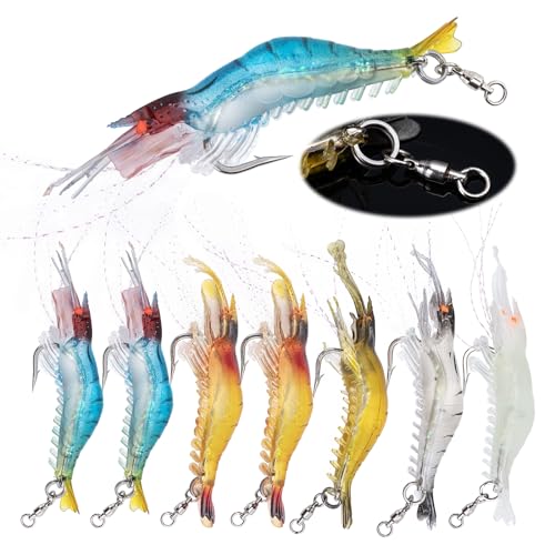 Goture Shrimp Lures,Soft Shrimp Fishing Lures for Freshwater Saltwater,Luminous Shrimp Bait Set with Sharp Hook and Swivel for Trout Bass Salmon Crappie,5 Color Saltwater Fishing Lures