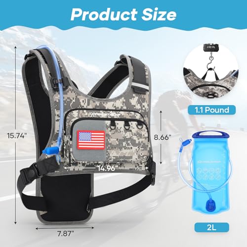 Maelstrom Hydration Running Vest with 2L Water Bladder for Men Women | Chest Pack, BPA-free, High Flow Bite, Reflective Stripe, Detachable, Breathable Pad, Perfect for Cycling, Marathon, Hiking - color: Camo