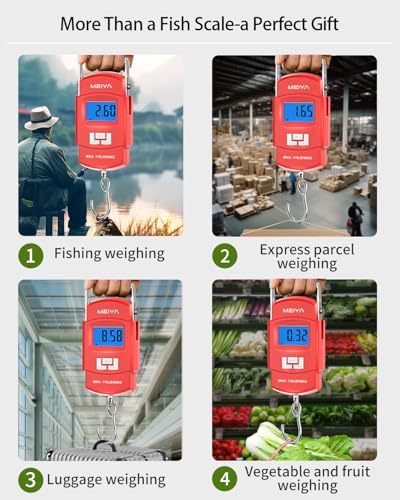 MEIYA Fish Scale 110lb Portable Luggage Scale Travel Digital Hanging Scale with Hook, Fishing Gifts for Men, Weighing Tool for Suitcases & Fish, Includes 2 AAA Batteries, Backlit LCD Display (Red) - color: Red