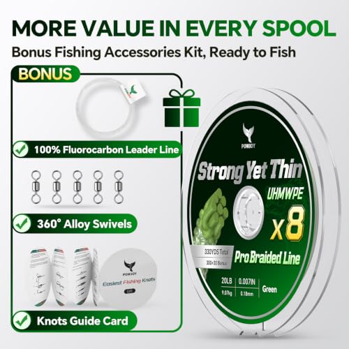 Ultra-Thin 20LB 8-Strand Braided Fishing Line 0.18mm with Knots Guide Card, Stronger than 4-Strand PE Line, Smooth as Silk & Longer Casting, Ideal for Bass Trout Fishing in Freshwater/Saltwater - color: Green, size: 20LB 330YDS