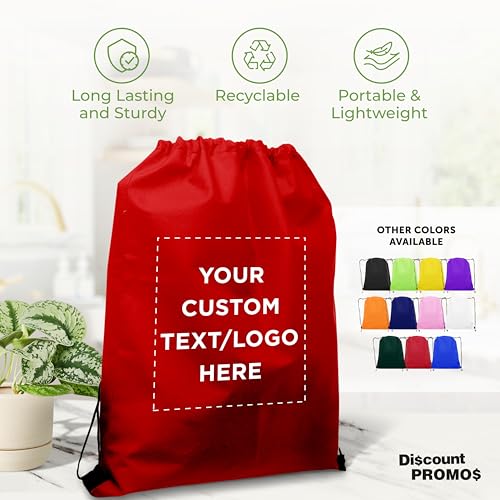 DISCOUNT PROMOS Custom Non-Woven Drawstring Backpacks Set of 10/50/100, Personalized Bulk Pack - color: Red, size: 10/50/100