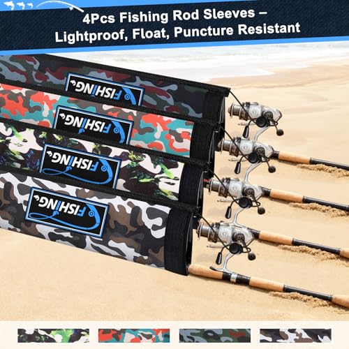 Neoprene Fishing Rod Sleeves for Casting, Spinning, Trolling Pole - Protective Cover Rod Sock with Hanging Loop & Lanyard- Floating, Puncture Resistant, Lightproof - size: 65", style: 4 Pcs
