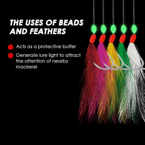 10 pcs Mackerel Feathers Rigs Saltwater, Pre-Tied Sea Fishing Bait Rigs with Luminous Colorful Feathers/Luminous Beads Bionic Flying Insects, Lure Rigs for Mackerel, Pollock, Cod, Bass - size: Hook Size 18, style: Style 2