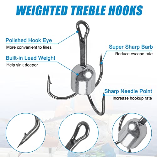 SILANON Snagging Hooks Weighted Treble Hooks,5pcs Large Weighted Treble Fishing Hooks Bunker Snag Hooks with Weight for Baitfish Trout Salmon 5/0 6/0 8/0 10/0 - size: 6/0-1.25oz-5pcs