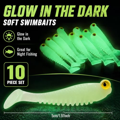 10Pcs Glow in The Dark Fishing Lures, Soft Plastic Swimbaits for Freshwater or Saltwater Use, Walleye Fishing Lures for Night Fishing Bass, Crappie, and Trout - color: Flash Yellow