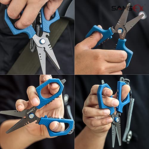 SAMSFX 6.5" Pro Fishing Shears Dual Serrated Blades, Fishing Braided Line Scissors with Titanium Coating, Non-Slip Grip & Multifunction Tool, Includes Hard Molded Locking Sheath & Coiled Lanyard - color: A: Blue Kraton Handle, Hard Sheath