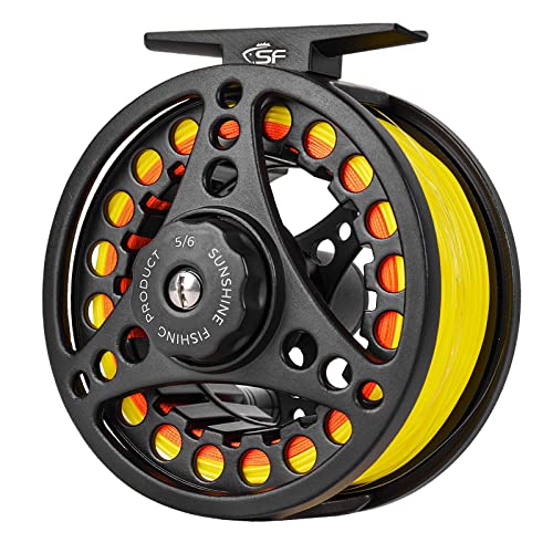 SF SF-001 Large Arbor Fly Fishing Reel with Aluminum Alloy Body 3/4wt 5/6wt 7/8wt Die Cast Pre-Loaded Fly Reel with Line Combo for Trout Bass Carp Pike Panfish - color: MB Preloaded with Fluorescent Yellow Fly Line, size: 5/6wt
