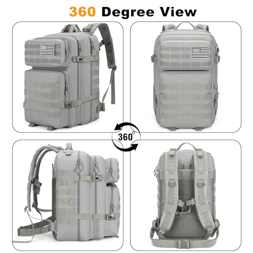 Tactical Backpack 45L Army Military Rucksack, Water Resistant MOLLE Pack, Large 3 Day Bug Out Bag for Men & Women, Durable Outdoor Gear for Hiking, Camping, Hunting, Travel (Grey) - color: Gray