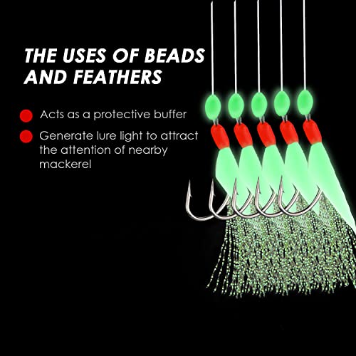 10 pcs Mackerel Feathers Rigs Saltwater, Pre-Tied Sea Fishing Bait Rigs with Luminous Colorful Feathers/Luminous Beads Bionic Flying Insects, Lure Rigs for Mackerel, Pollock, Cod, Bass - size: Hook Size 16, style: Style 1
