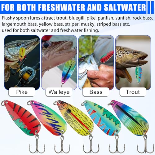 Fishing Spoons Lures 5pcs Saltwater Fishing Lures Trout Spoons, Metal Jig Trolling Jigging Lure Spinner Baits with Treble Hooks for Bass Trout Walleye Salmon - size: 1oz-5pcs