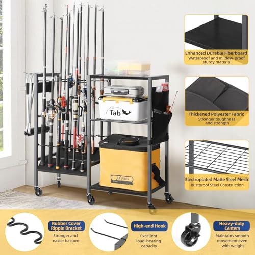 Olakee Fishing Rod Holders, Rolling Fishing Rod Rack for Garage & Boat, Tackle Box & Reel Holder Cart, Easy Assembly Fishing Gear Management System, Ideal Birthday Gift for Men Dad Anglers - color: 12 Rod,Black