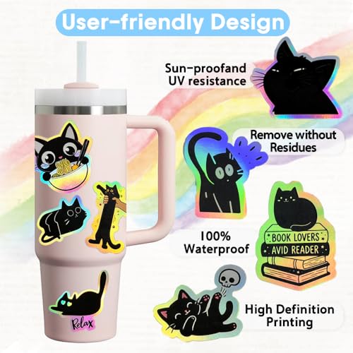 110Pcs Holographic Black Cat Stickers, Cute & Funny Vinyl Decals for Water Bottles, Laptop, Phone Case, Journal, Scrapbooking - style: Black Cat Stickers