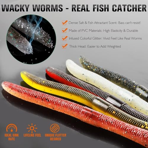 Dovesun Wacky Worm for Bass Trout Fishing Worms Kit with Soft Plastic Baits, Weedless Hooks, Bass Hooks,Weedless Jig Head, Wacky Rig Tool, O-Rings, Weight 152Pcs/131Pcs/50Pcs - color: C-131PCS Wacky Worms & Fishing Hooks Kit