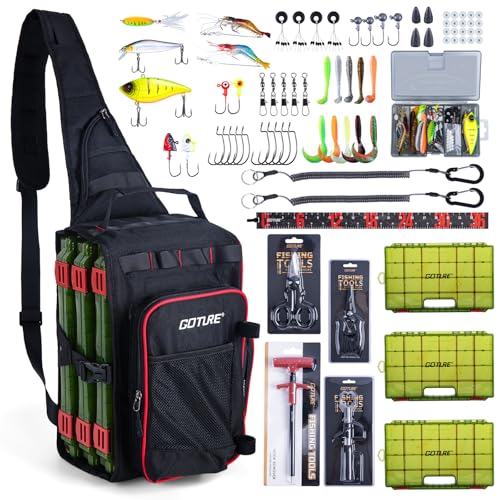 Goture OpenSide Fishing Sling Tackle Storage Bag with 3 3700 Tackle Boxes, Lightweight Fishing Backpack Storge Fishing Gear - Black Bag for Fishing,Gift for men - color: Black, size: Large bag with 3700 trays, style: Bag + Fishing Boxes(handle) + Black Fi