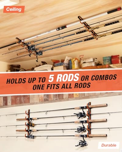 Ghosthorn Fishing Rod Holders for Garage Fishing Pole Holders Ceiling or Wall Mounted Fishing Rod Rack garage Storage Organizer Fishing Gear Equipment for Men Women (Orange, 2 Packs) - size: 2 packs holds up 10 rods, style: Orange