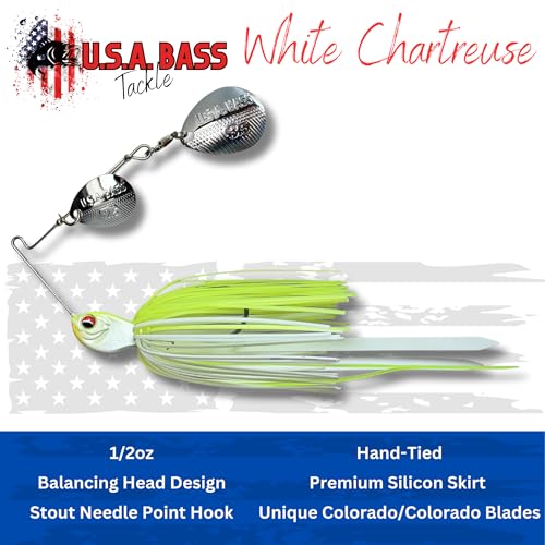USA BASS Tackle Apache Attack Spinnerbait Type II Largemouth Smallmouth Spotted Bass Premium Fishing Bait Handtied Skirt Custom Blades Heavy Duty Hook New for 2025 - color: White Chartreuse, size: 1/2oz - Colorado/Colorado