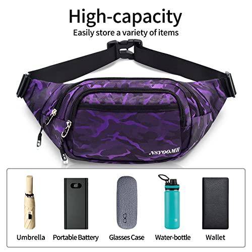 Large Fanny Packs for Women, 5-Zipper Pockets Water Resistant Practical Waist Bag, for Outdoor Running Cycling Sports Travel Hiking Camping Fishing Fashionable Crossbody Belt Bags - color: Violet