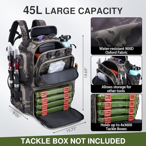Goture Fishing Backpack, 900D Water-Resistant Tackle Backpack with Rod Holders, Hard Sunglasses Case, 45L Large Storage Gear Tackle Bag with Rain Cover, Bottle Holder for Travel Camping Hiking - color: A1:camo 17#, size: Without Tackle Boxes