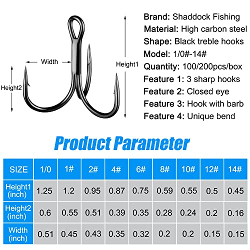 Shaddock Fishing Treble Hooks, Round Bend Short Shank Treble Hooks, High Carbon Steel, Wide Gap for Lures, Baits, Stripe, Trout, Bass, Salmon, Panfish 100/200PCS - color: Black, size: 200PCS-12#