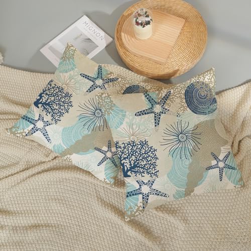 Nautical Coastal Pillow Covers 18x18 Inch Set of 2, Beach Themed Ocean Throw Pillows Starfish Seashell Decorations Summer Pillowcase Linen Outdoor Decor Farmhouse Cushion Case for Home Bedroom - color: Coastal 1, size: 18" x 18" (Pack of 2)