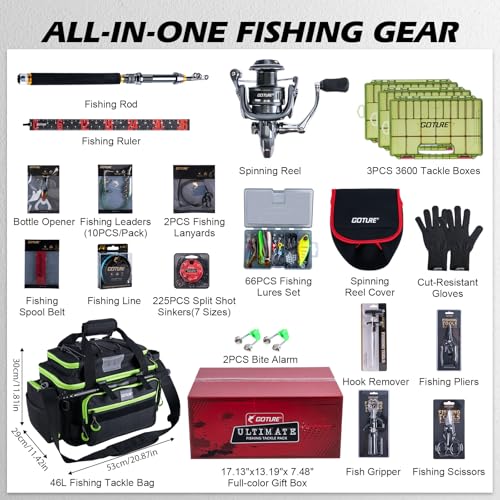 Goture Fishing Rod and Reel Combos,1.8M-2.7M Telescopic Fishing Pole Spinning Reel Line Lures Set with Carrier Bag,Telescopic Rod Kit for Starter Travel Saltwater Freshwater Gear Gift - color: E2:Fishing Full Kit with Tackle Bag, size: 6 ft/1.8 m