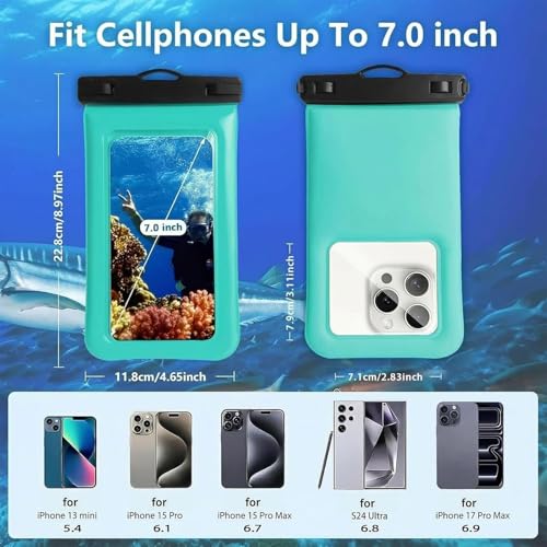 Floatable Soap Bubble Waterproof Phone Pouch/Case with Crossbody Lanyard for iPhone 17 Series 16 Pro Max/15 Pro/14/13/12, IP68 Cellphone Dry Bag Beach Cruise Ship Essentials, 1 Pack-Green-7″ - color: B1-Green