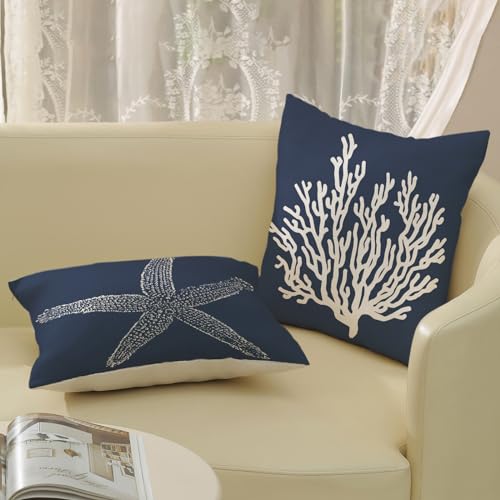Navy Blue Coastal Pillow Covers 16x16 Inch 2 Pcs Starfish Coral Summer Outdoor Decor Throw Pillows Nautical Beach Ocean Holiday Decoration Pillowcase Linen Cushion Cover for Couch Sofa - color: Navy Blue Starfish Coral, size: 16" x 16" (Pack of 2)