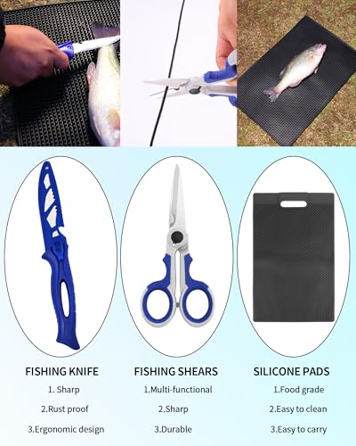 Fishing Tool Kit - 112pcs Fishing Gear & Equipment, Fish Pliers, Hook Remover, Scale, Scissors, Lip Gripper, Lures - color: Blue and fisherman's hat