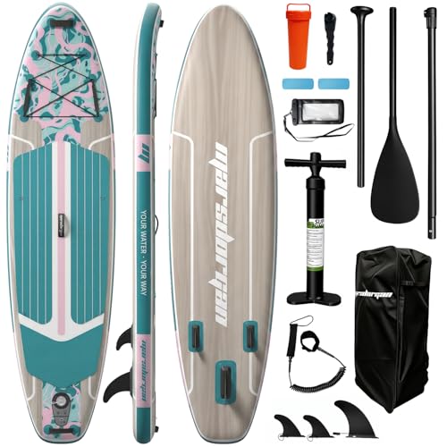 11ft Inflatable Stand Up Paddle Board, Wood Grain Ultra Lightweight SUP, 430lb Capacity for Adults Youth Family, for Fishing Surfing Camping, Includes Backpack & Pump - color: Pink Grained Grey Wood