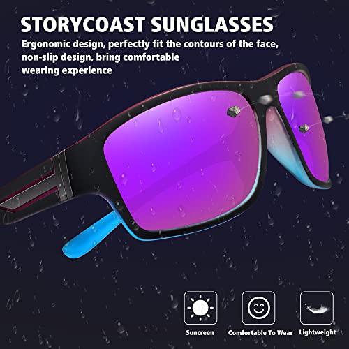 STORYCOAST Polarized Sports Sunglasses for Men Women Unbreakable Frame Cycling Fishing Driving - color: Blue Frame-purple Mirror Lens