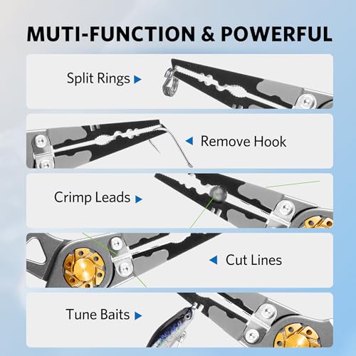 Saltwater Fishing Pliers, Split Ring Pliers for Fishing with Safety Lock, Fish Pliers with Sheath and Lanyard, Fishing Gifts for Men - color: D-gray