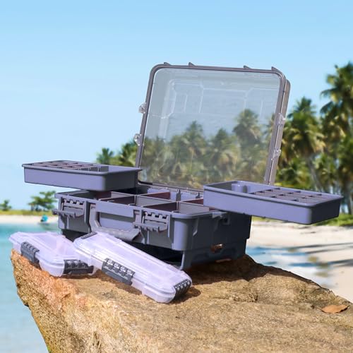 RUNCL Universal Fishing Tackle Box with Two Small Tackle Tray, Removal Inside Design Waterproof Trunk Storage Box, Thicker Floating Airtight Stowaway, Xmas Surprise Fishing Gifts for Men Women - color: Blue