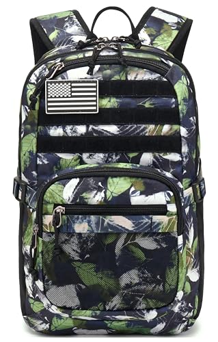 Wotony Military Tactical Backpack for Men Army 3 Days Assault Pack Bag with Molle System for Outdoor Adventures (green leaves, 25L) - color: Green Leaves, size: 25L