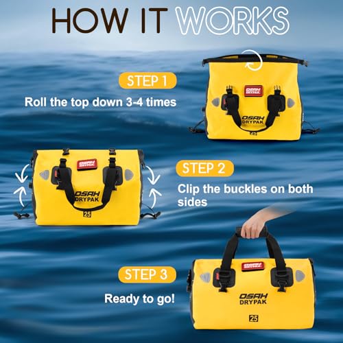 OSAH DRYPAK Waterproof Duffel Bag - Motorcycle Dry Bag Tail Bag with Large Storage Space, Waterproof Luggage Duffle Bags with Outer Mesh Zipper Pocket for Camping, Kayaking, Fishing & Traveling - color: Yellow, size: 25L