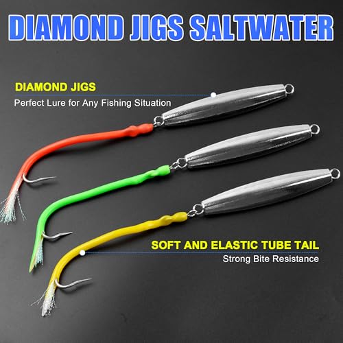 Diamond Jigs Saltwater Fishing Lures,Casting Jigging Spoon with Split Tube Tail Stainless Steel Hook Metal Jig Spoon Baits for Deep Sea Offshore Surf Fishing Bottom Sinking - color: 3pcs-3 Colors Mixed, size: 5oz